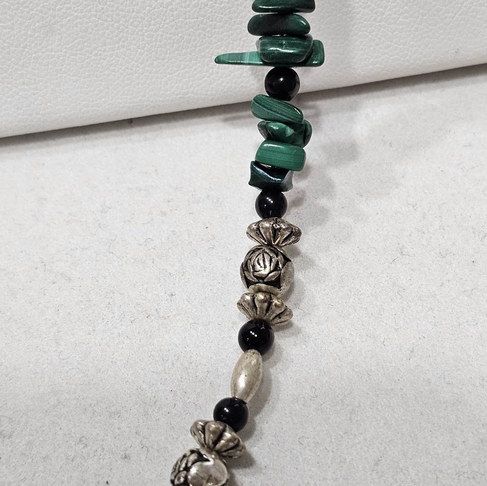 Malachite Necklace with Onyx, Glass, and Silver Beads - Picture 5 of 15